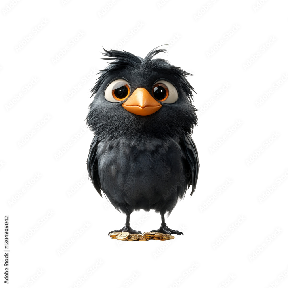 Adorable Cartoon Bird Standing on Coins - 3D Render Adorable Cartoon Bird Standing on Coins - 3D Render