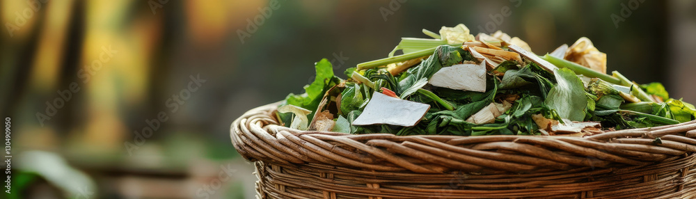 Green Waste, Bamboo basket filled with green kitchen scraps and organic waste, showcasing sustainability and composting practices Green Waste, Bamboo basket filled with green kitchen scraps and organic waste, showcasing sustainability and composting practices