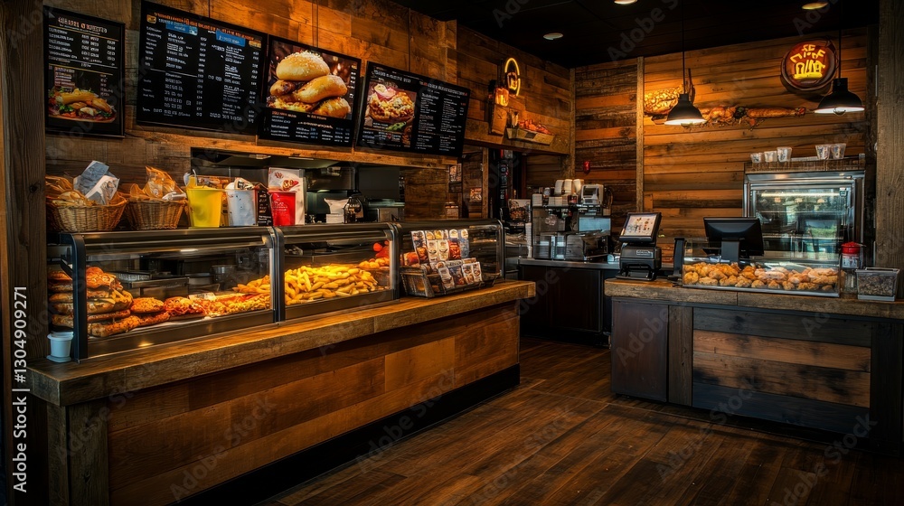 The interior of the fast food restaurant mimics a modern industrial setting