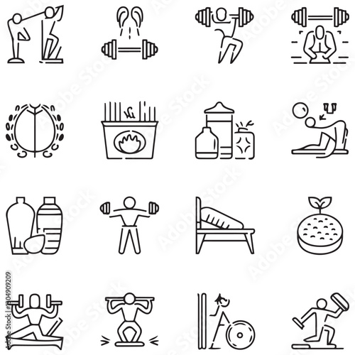 Sport and Fitness set of web icons in line style. Gym and health care. Healthy lifestyle icons. Nutrition and dieting, training, body care, healthy food, workout, 