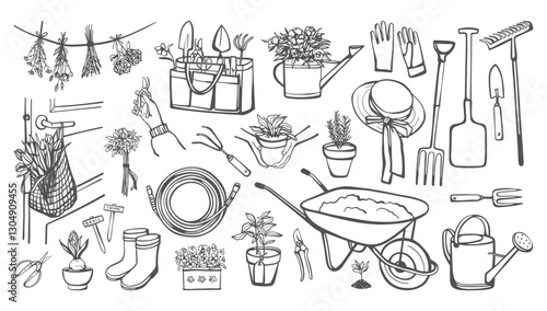 Set gardening items in hand drawn style. Various agricultural and garden tools for spring work. Growing potted plants, seedling