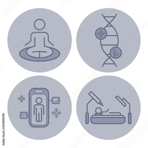 Collection of line icons related to wellness and health technology. Meditation, DNA, health monitoring, and advanced treatments