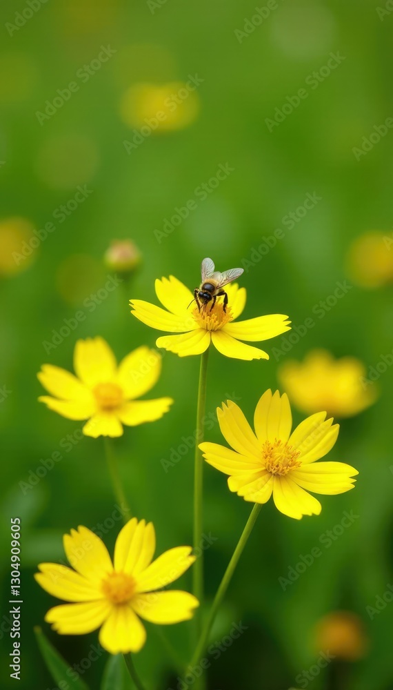 Obraz premium Yellow rape flowers with a few buzzing bees amidst the blooms, field of rape, garden, green field