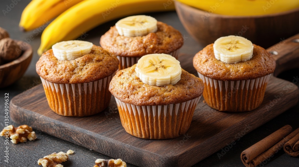 Freshly Baked Banana Muffins with Sliced Bananas on Top Surrounded by Ripe Bananas and Nuts on Dark Rustic Background Freshly Baked Banana Muffins with Sliced Bananas on Top Surrounded by Ripe Bananas and Nuts on Dark Rustic Background
