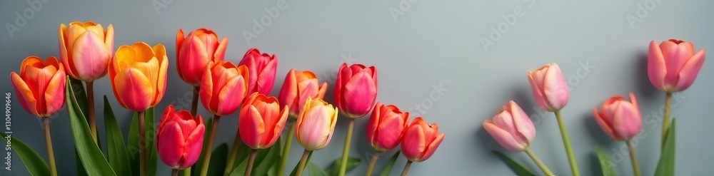 Fototapeta premium Vibrant tulips in full bloom contrasting against a gray background, blooming, grey, background