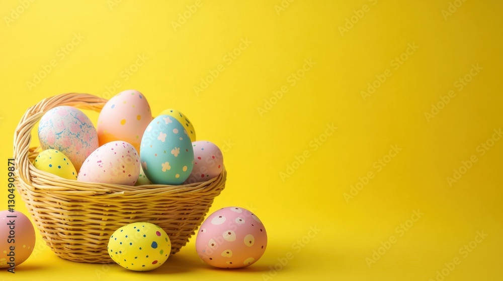Fototapeta premium Colorful Easter Eggs in Woven Basket on Bright Yellow Background for Festive Spring Celebrations and Creative Holiday Decorations