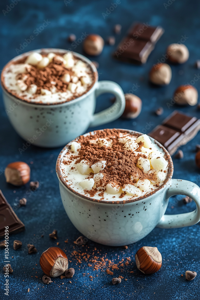 Cup of Cocoa with Cocoa Powder, Coconut Flakes, Hazelnuts, and Broken Chocolate Bars on Blue Background Cup of Cocoa with Cocoa Powder, Coconut Flakes, Hazelnuts, and Broken Chocolate Bars on Blue Background
