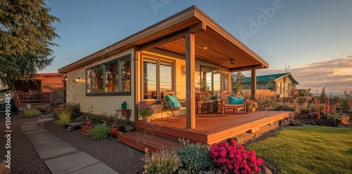 The ADU dwelling unit is a small single-story house with a sloping roof and a painted porch