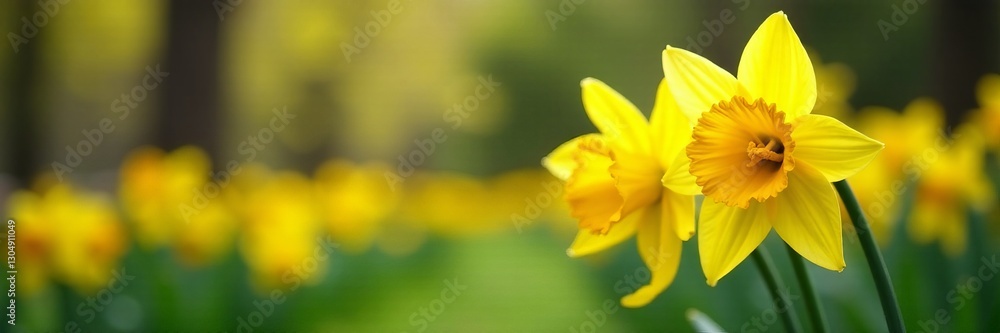 Vibrant yellow daffodils in focus with blurred garden background, garden, nature, spring Vibrant yellow daffodils in focus with blurred garden background, garden, nature, spring