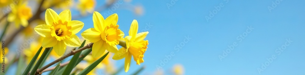 Fototapeta premium Vibrant yellow daffodils in full bloom on a tree branch against a blue sky backdrop, blue sky, backdrop, tree