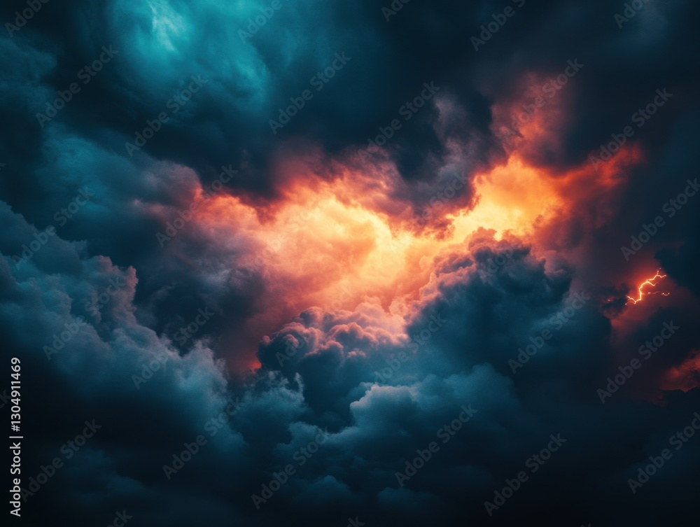 Fototapeta premium Dramatic cloudscape with vibrant orange glow and dark teal clouds creating a captivating celestial scene