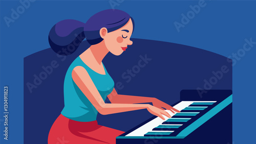 One participant sits at the piano her fingers gliding effortlessly across the keys as she plays a nostalgic tune from her youth.. Vector illustration