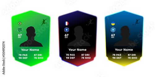 Customizable football player card template with national flags of Brazil, France, and Ukraine. Digital design with player silhouette, stats, and gradient backgrounds.