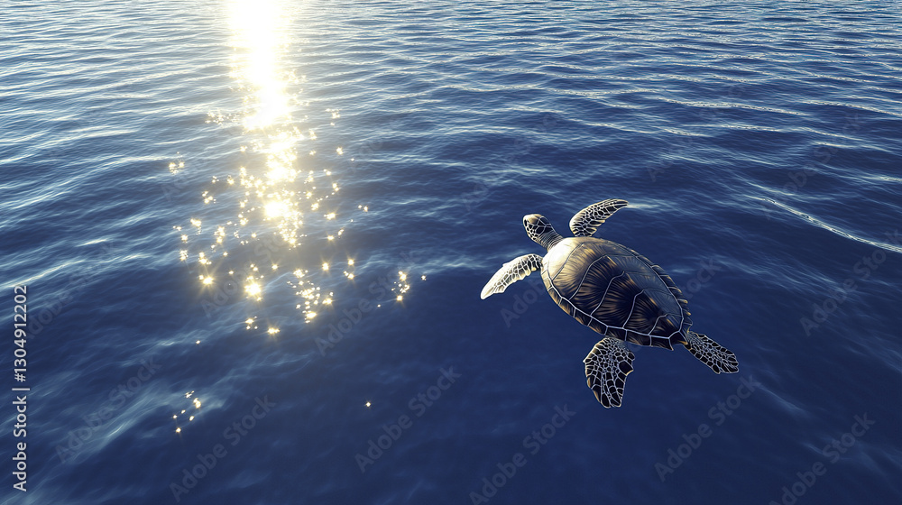 Obraz premium sea turtle floats peacefully in shimmering ocean at sunset