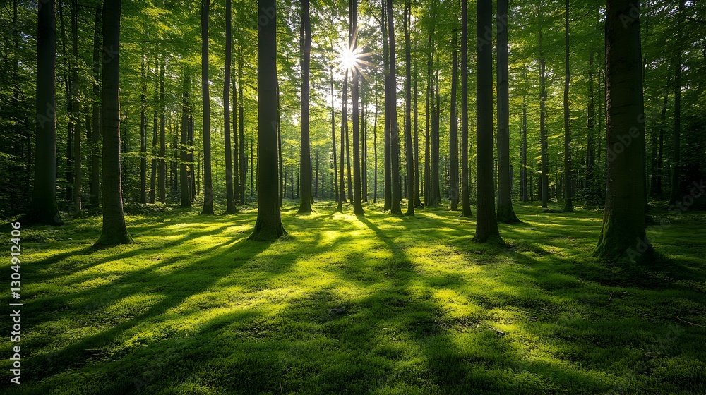 Obraz premium A lush forest landscape with towering trees and vibrant grass under warm sunlight