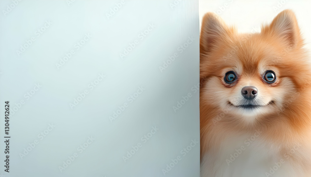 Obraz premium A playful Pomeranian dog peeks from behind a wall, showcasing its adorable features and cheerful expression.