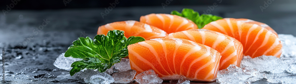Fresh sashimi with five slices of salmon on ice garnished with greens