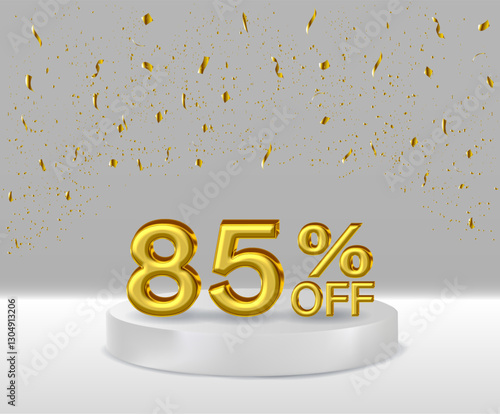 3D renders golden text 85% off podium with white background.