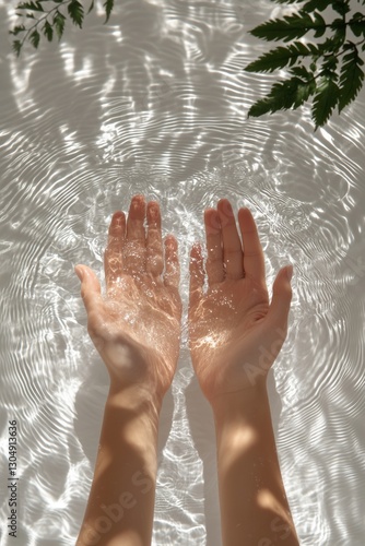 Hands in water with green fern leaves casting shadows, creating ripples