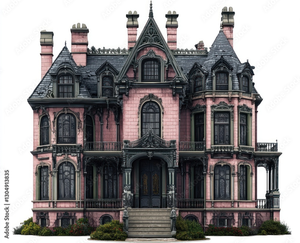 Naklejka premium Pink Victorian mansion with dark trim, isolated on white.