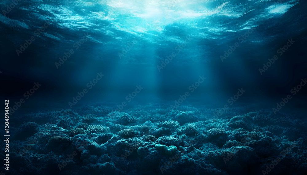 A serene underwater scene showcasing beams of light piercing through the deep blue ocean, illuminating the vibrant marine life. A serene underwater scene showcasing beams of light piercing through the deep blue ocean, illuminating the vibrant marine life.