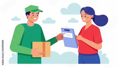 When the package arrives at the customers location the delivery person collects their data through a signature or electronic confirmation before closing the transaction.. Vector illustration