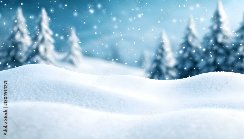 Fototapeta premium A serene winter landscape featuring gently falling snowflakes over a blanket of snow, with evergreen trees in the background.