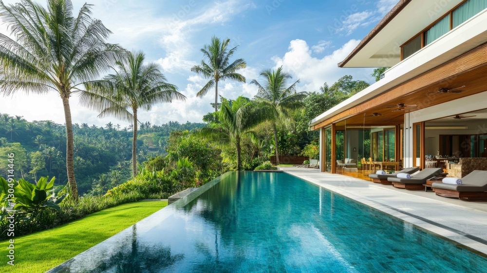 Luxury modern villa with a pool, palm trees, and green landscape in daylight Luxury modern villa with a pool, palm trees, and green landscape in daylight