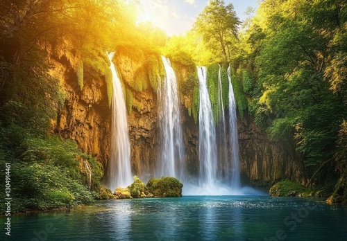 Majestic Waterfall Cascading Into Crystal Clear Pool Surrounded by Lush Greenery and Sunlit Forest in a Natural Paradise Setting