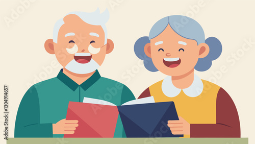 Two seniors sit side by side laughing and reminiscing as they uncover buried family secrets and share nostalgic memories while conducting genealogy research together.. Vector illustration