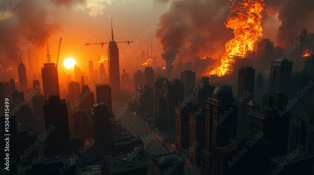 Fototapeta premium Burning Cityscape with Smoke and Flames at Sunset Catastrophic Urban Disaster