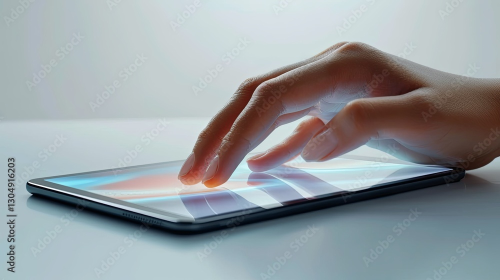 A hand interacting with a lit touch screen device in close up A hand interacting with a lit touch screen device in close up