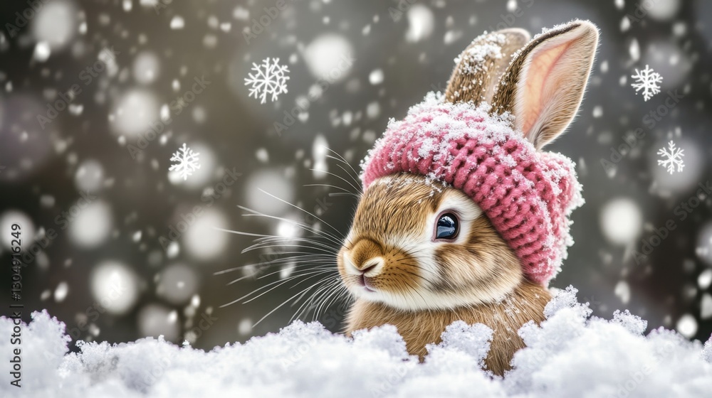 Obraz premium Cute Bunny Wearing Pink Knit Hat Surrounded by Snowflakes in Winter Wonderland setting with Soft Snowy Background and Delicate Snowflakes Floating Around