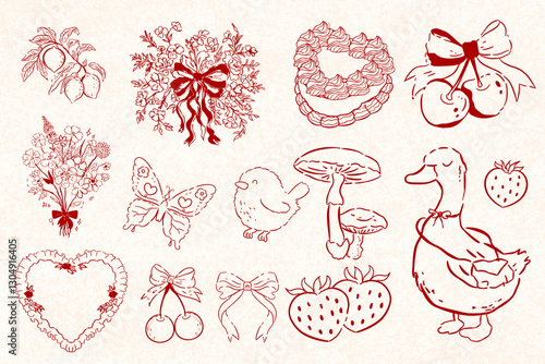 Hand drawn Retro spring with Bow Coquette Clipart Set: Y2K Aesthetic, Bows, Vintage 2000s Nostalgia, Pastel Pink, Whimsical Y2K Coquette Strawberry with Bow Clipart: Retro Aesthetic with Bow, coquette