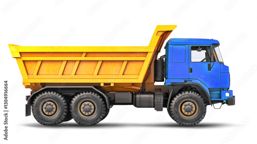High-resolution photo captures a blue and yellow dump truck in pristine condition. High-resolution photo captures a blue and yellow dump truck in pristine condition.