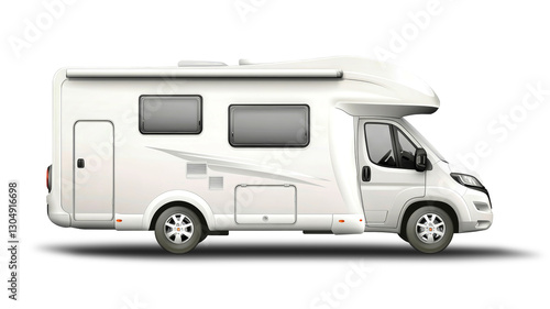 This modern, white motorhome offers a sleek design and a shiny finish, inviting travelers to embark on journeys filled with exploration and freedom.