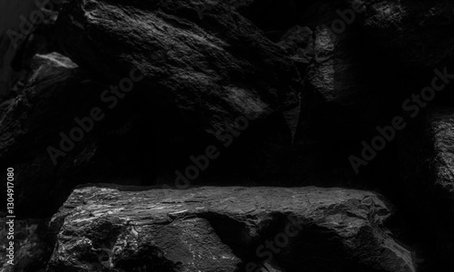 Rock, Black stone Podium stand display advertising jewelry and production, cosmetics with Studio Dark light rough stone wall background well free space for text photo