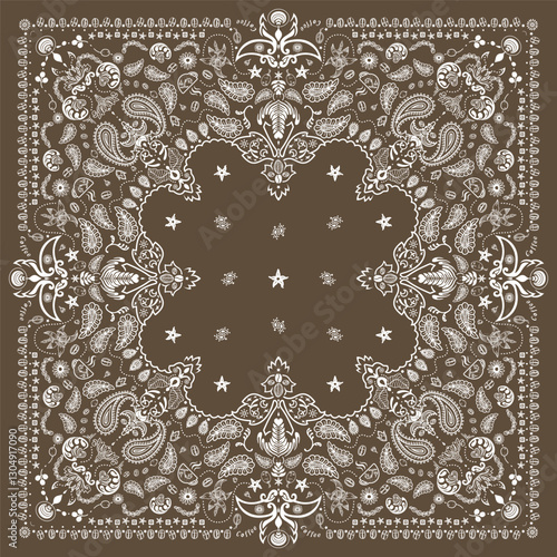 Coffee Bandana Print, paisley seamless pattern. coffee, coffee beans, flowers, decorative geometric line ornament. Bandana pattern template. Silk neck scarf or kerchief square pattern design.
