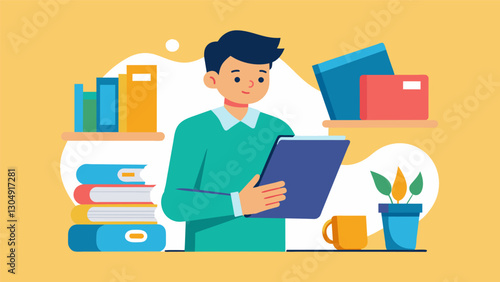 The student artfully arranges their notebooks and folders in a systematic manner creating a visually pleasing organization that is also highly functional.. Vector illustration