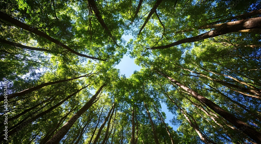 Obraz premium A beautiful view of the serene sky through lush green trees in a peaceful environment