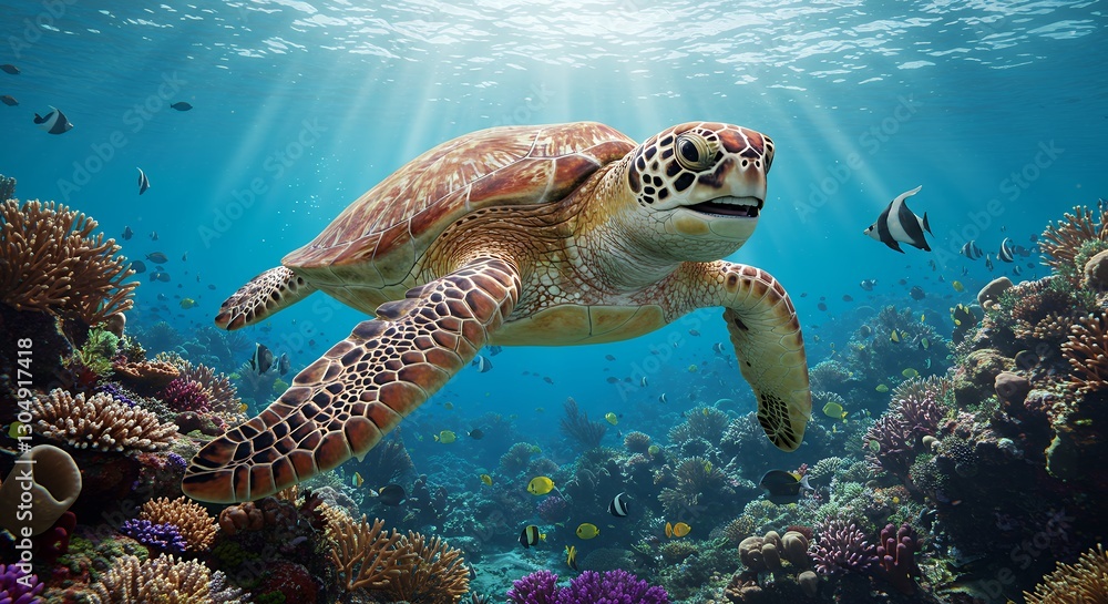Obraz premium Sea Turtle Swimming Freely in Coral Reef with Sunlight Beams