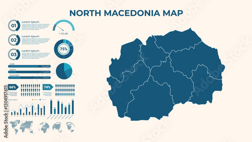 Infographic Map of North Macedonia. Vector Map of a global map in the form of regions of North Macedonia. Vector Illustration