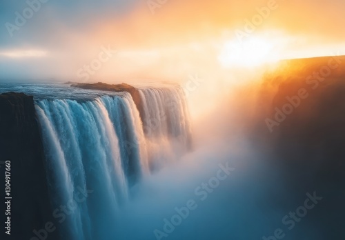 Majestic Waterfall Cascading Into Misty Abyss Under Glowing Sunset Skies, Capturing Nature's Serenity and Beauty in a Breathtaking Landscape