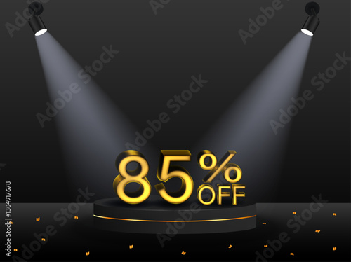 85% discount. Discount. 3D sale symbol with decorative objects, golden confetti, podium. Sale banner and poster. Vector illustration.