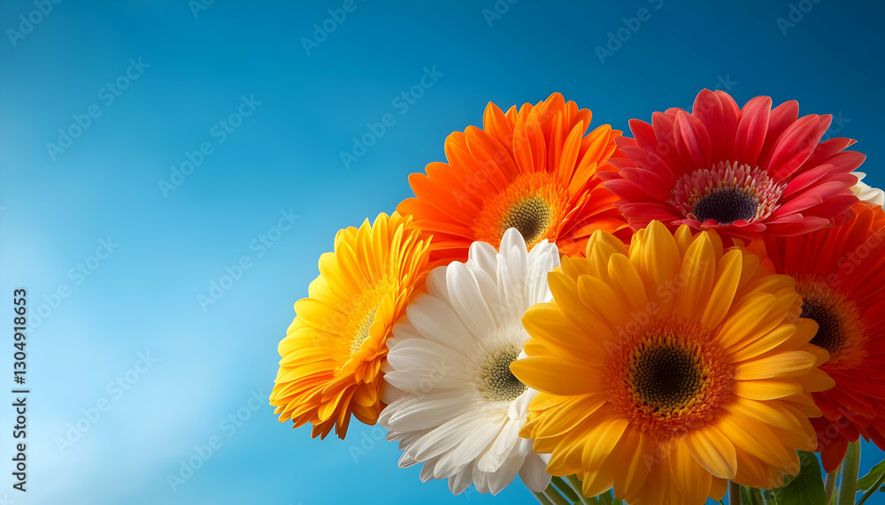 A vibrant bouquet of colorful gerbera daisies against a bright blue background, symbolizing joy and freshness. A vibrant bouquet of colorful gerbera daisies against a bright blue background, symbolizing joy and freshness.