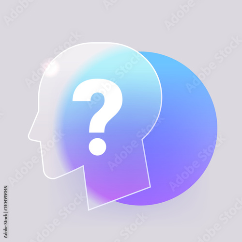 Glass morphism blue silhouette human head with question mark. Vector help or support icon
