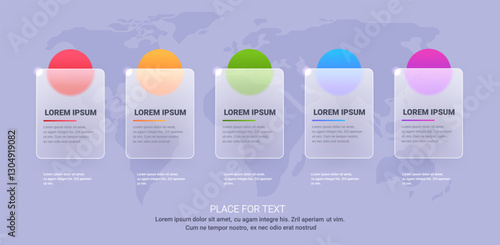 Business gray infographic template with transparent panels and world map. Five glass morphism bars and different color circle vector illustration