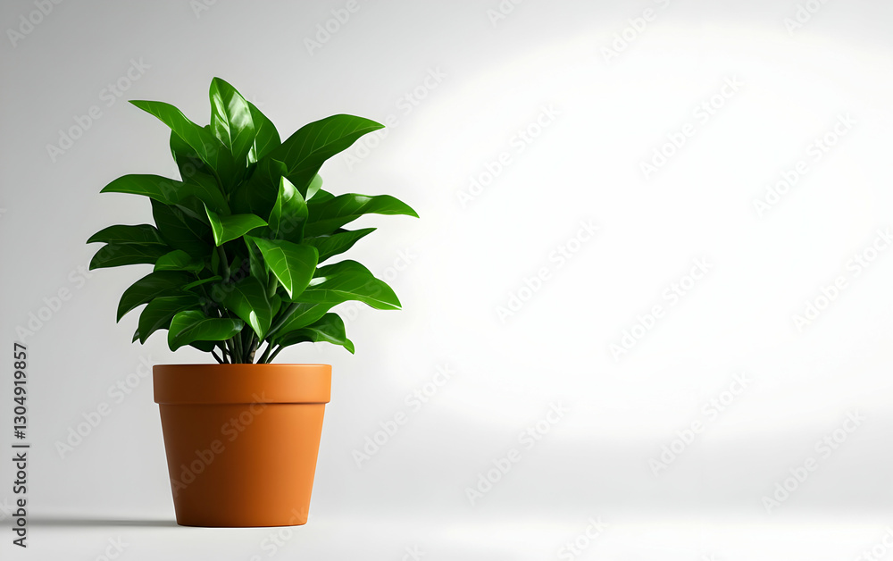 Fototapeta premium A vibrant green plant in a terracotta pot, set against a minimalistic background, adding a touch of nature to any space.