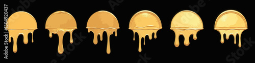 Six dripping golden coins, black background