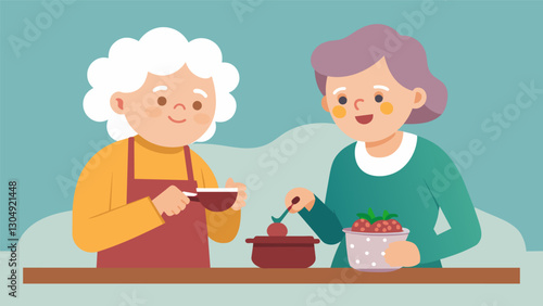 Two elderly sisters known for their famous homemade jam showcase their recipe and talk about their lifelong bond on their cooking show.. Vector illustration